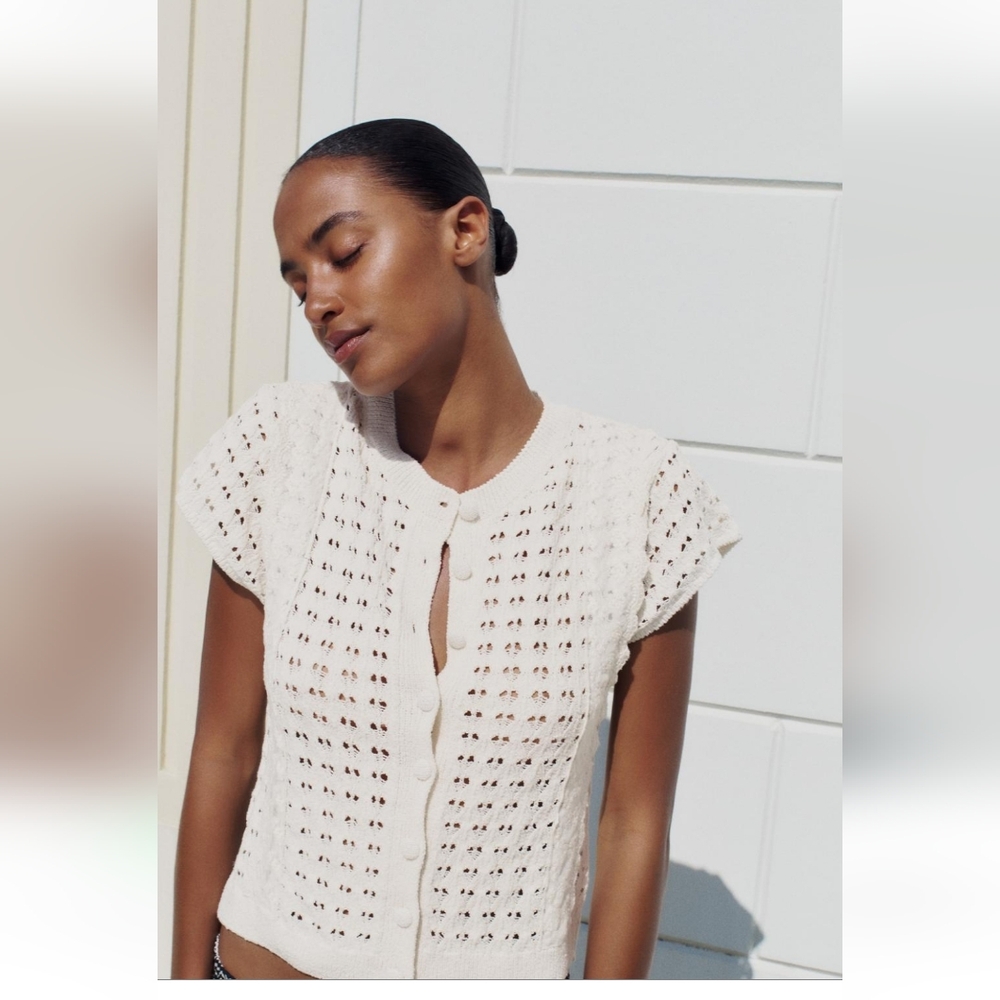 Zara Cream Open-Knit Short Sleeve Cardigan